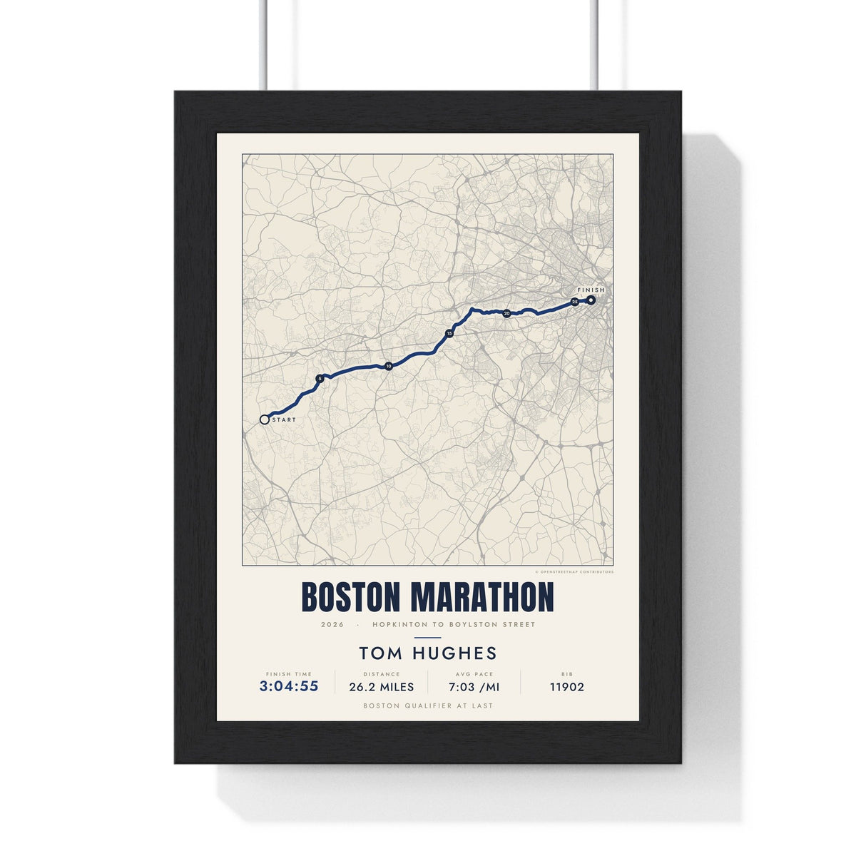 Personalised Boston Marathon Print - framed street map Boston Marathon route print with name and finish time