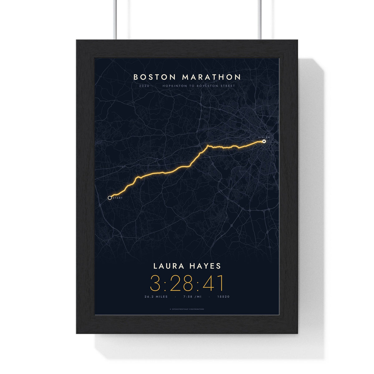 Personalised Boston Marathon Print - framed night style Boston Marathon route print