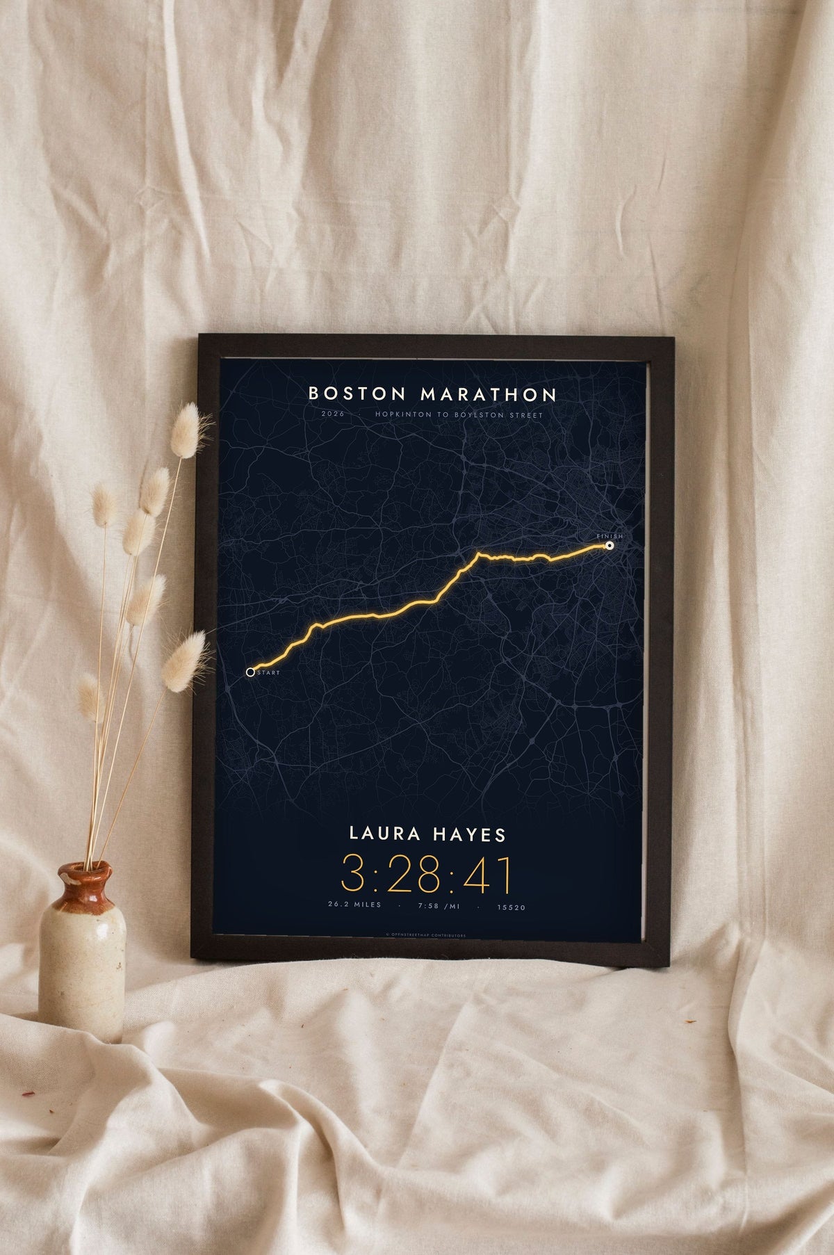 Personalised Boston Marathon Print - night style Boston Marathon print, the course glowing on a dark ground