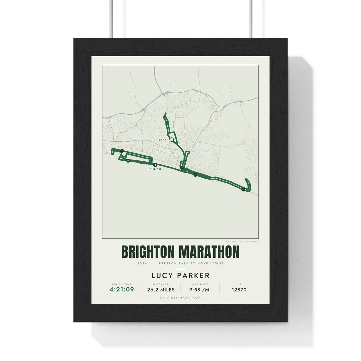 Personalised Brighton Marathon Print - framed street map Brighton Marathon route print with name and finish time