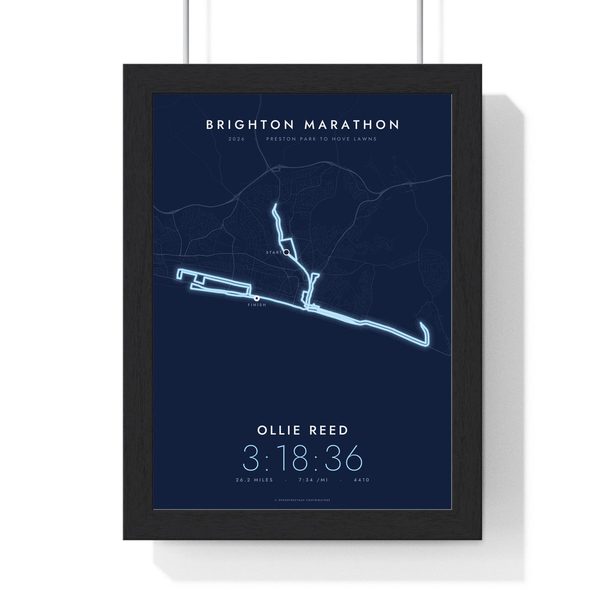 Personalised Brighton Marathon Print - framed night style Brighton Marathon route print