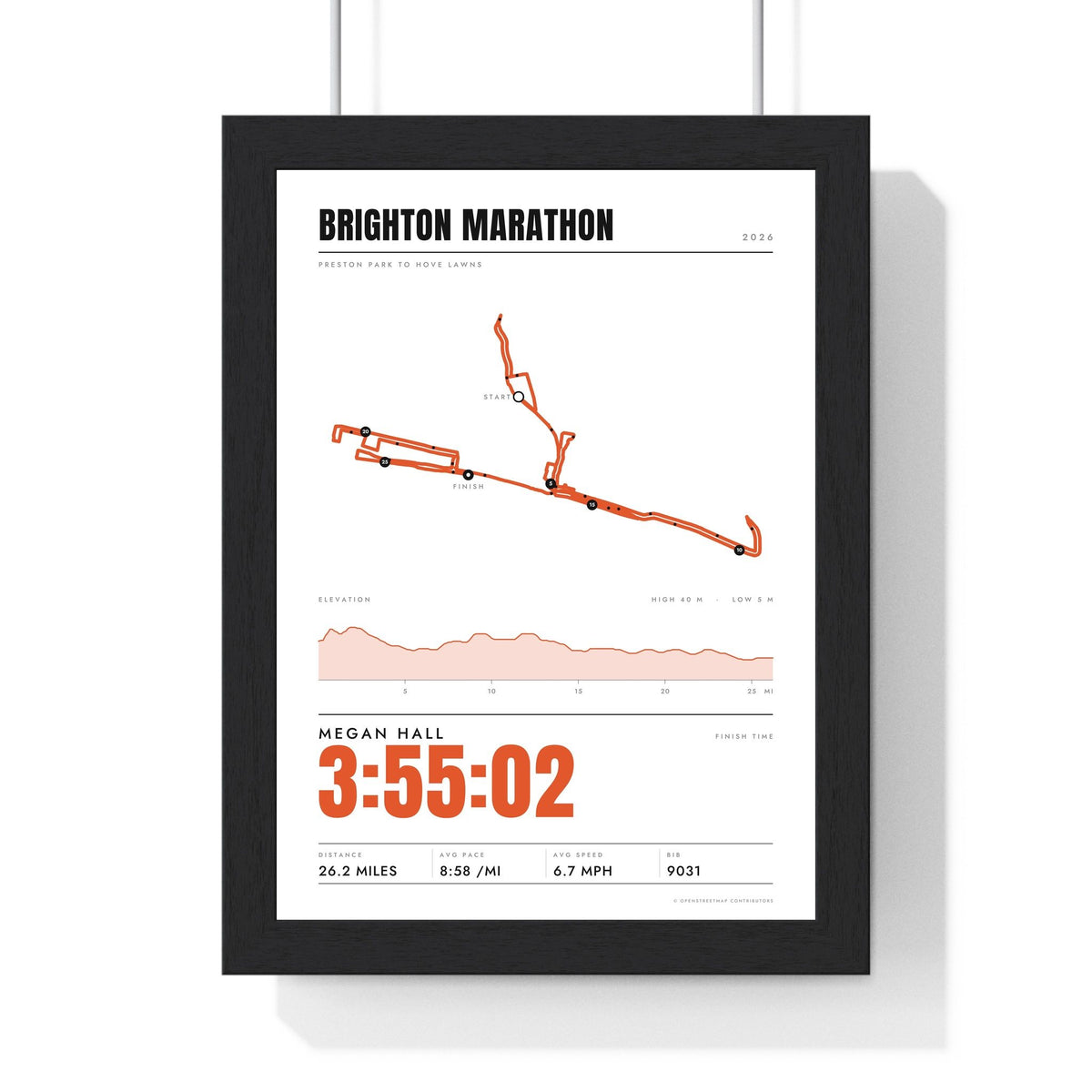 Personalised Brighton Marathon Print - framed stats style Brighton Marathon print with elevation profile
