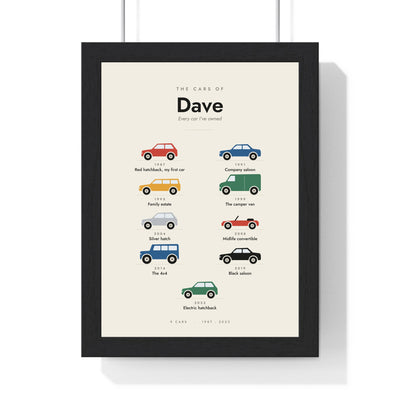 Personalised Car History Print - framed cream car history print showing nine cars Dave has owned