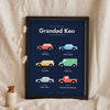 Personalised Car History Print - navy version of Grandad Ken's cars