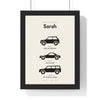 Personalised Car History Print - cream and black version of Mum's three cars