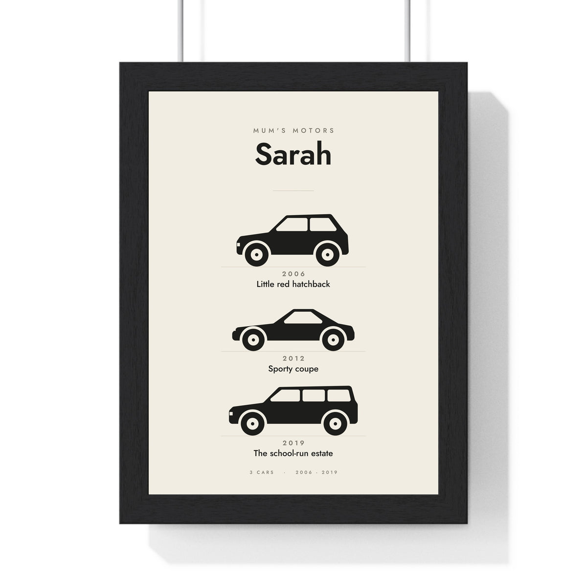 Personalised Car History Print - cream and black version of Mum's three cars
