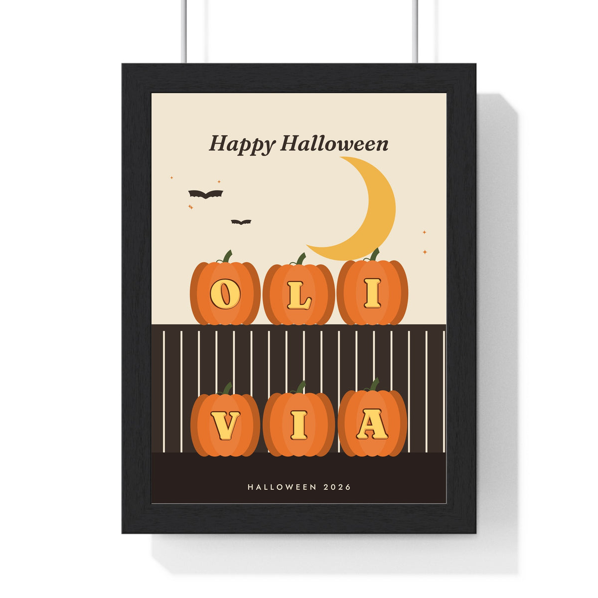 Personalised Carved Pumpkin Name Print - framed cream carved pumpkin name print spelling Olivia