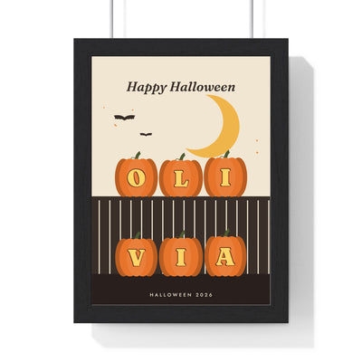 Personalised Carved Pumpkin Name Print - framed cream carved pumpkin name print spelling Olivia
