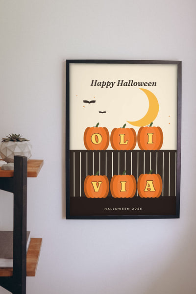 Personalised Carved Pumpkin Name Print - carved pumpkin name print on a bedroom wall
