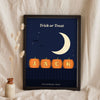 Personalised Carved Pumpkin Name Print - midnight navy version spelling Jack leaning on a shelf