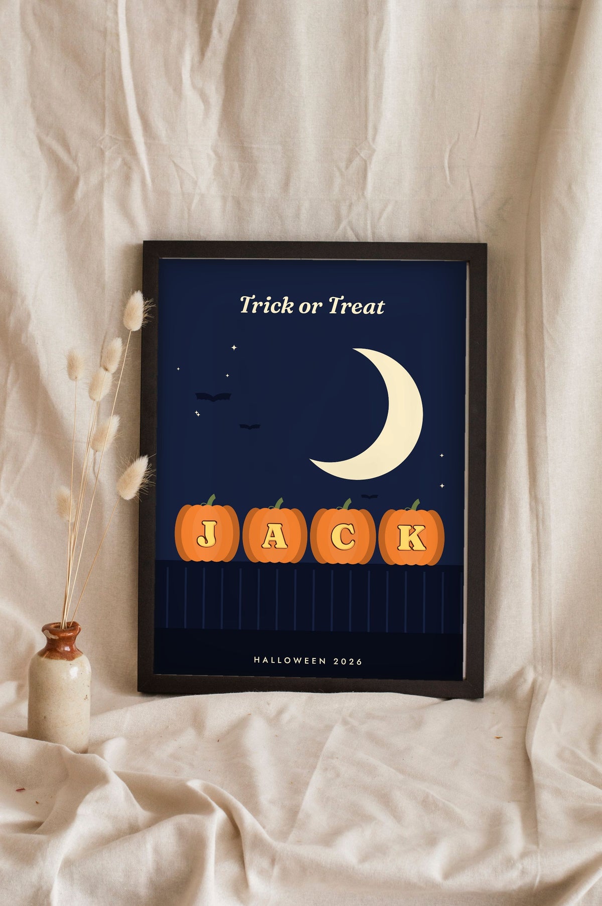 Personalised Carved Pumpkin Name Print - midnight navy version spelling Jack leaning on a shelf