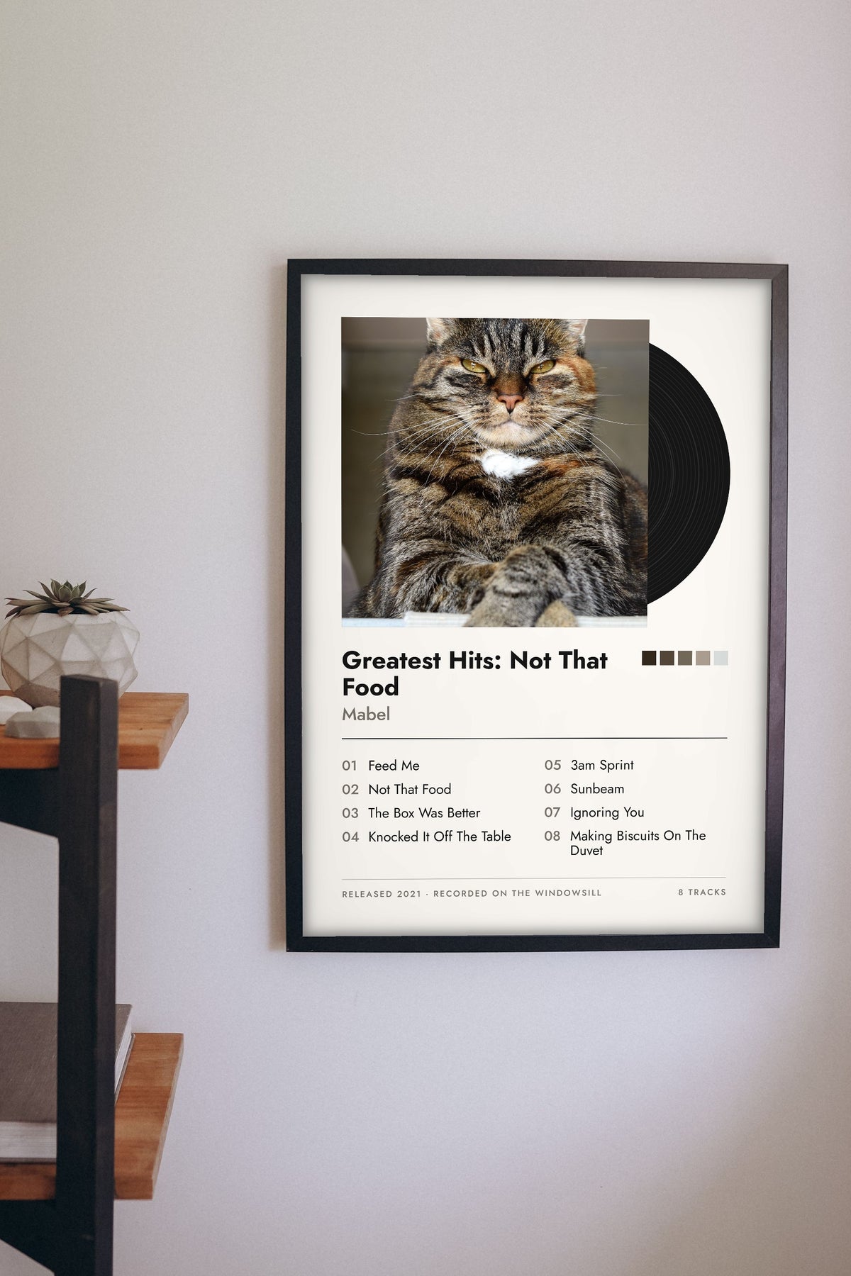 Personalised Cat Album Cover Print - hanging on a living room wall