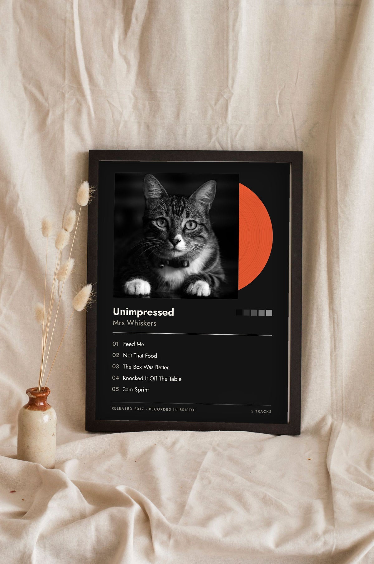 Personalised Cat Album Cover Print - leaning in a frame