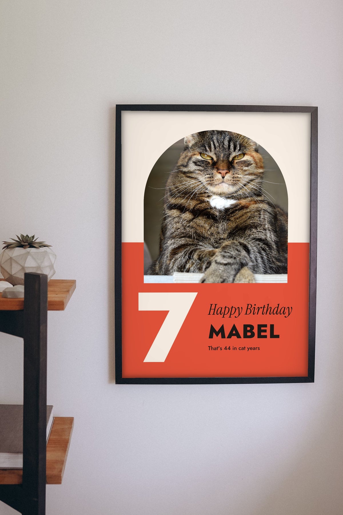 Personalised Cat Birthday Print - hanging on a living room wall
