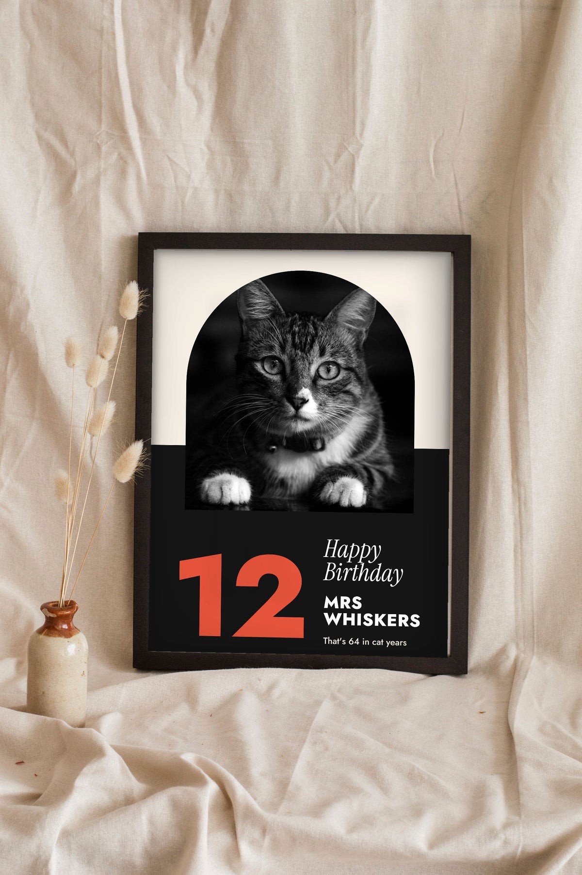 Personalised Cat Birthday Print - leaning in a frame