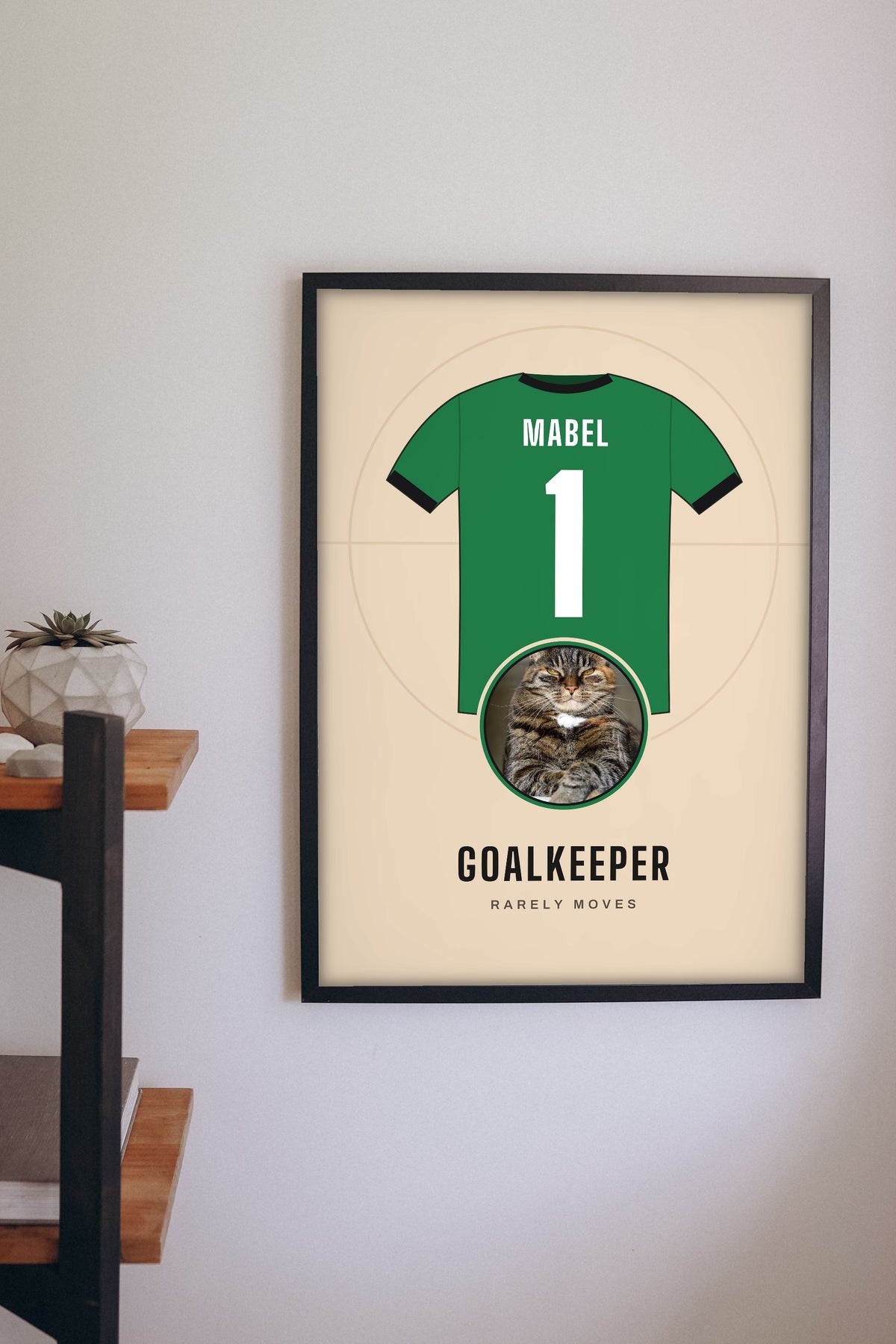 Personalised Cat Football Shirt Print - hanging on a living room wall