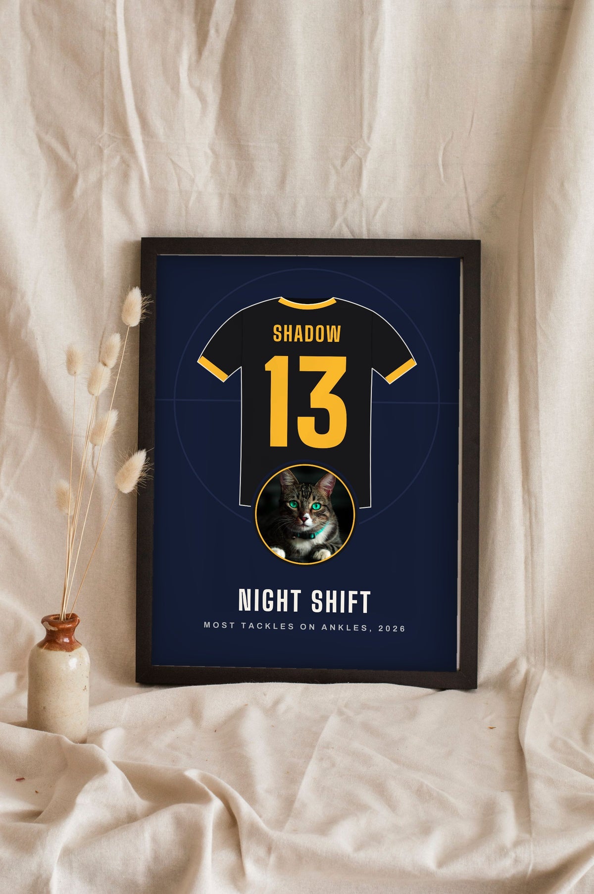 Personalised Cat Football Shirt Print - leaning in a frame