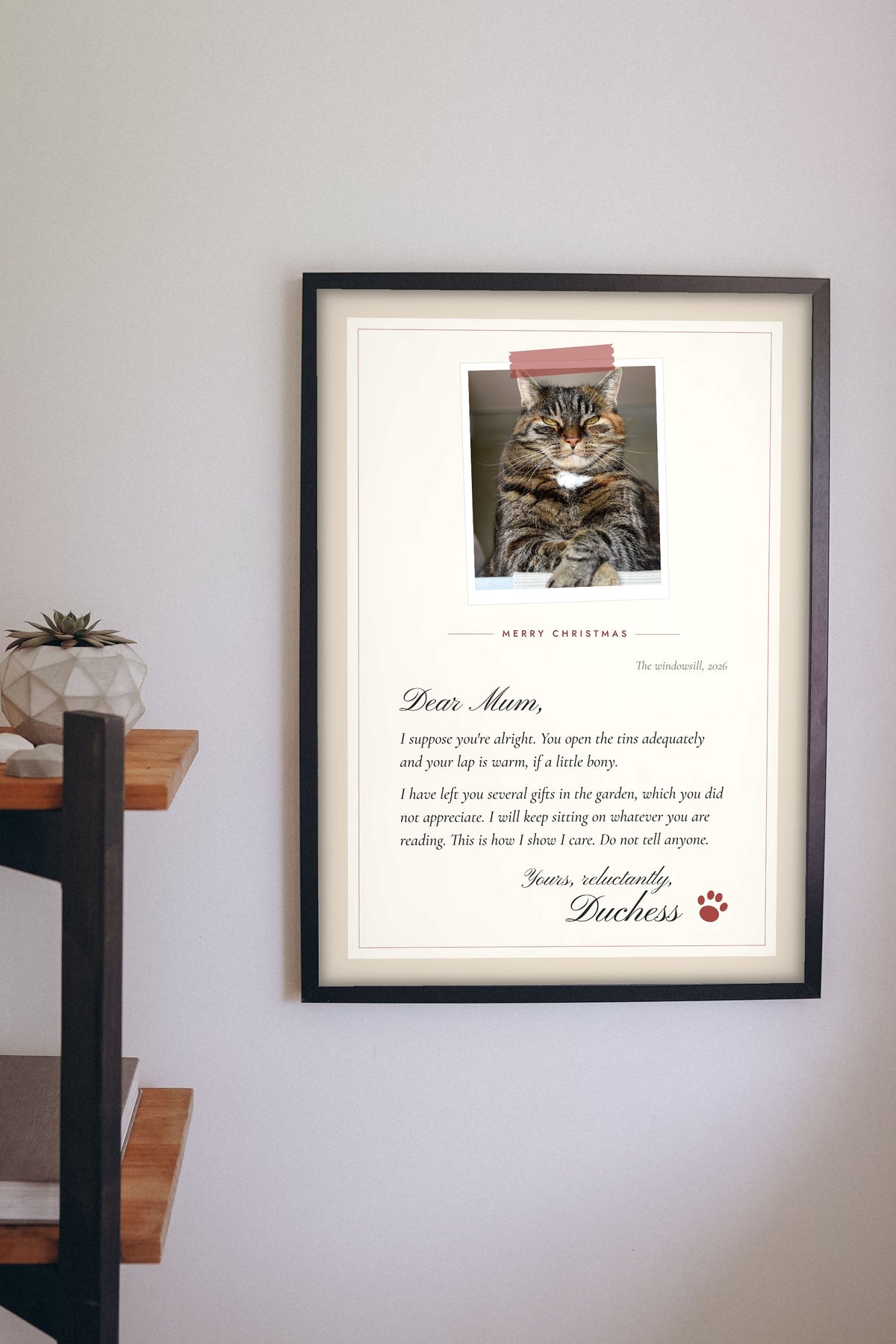 Personalised Gift From the Cat Letter Print - hanging on a living room wall