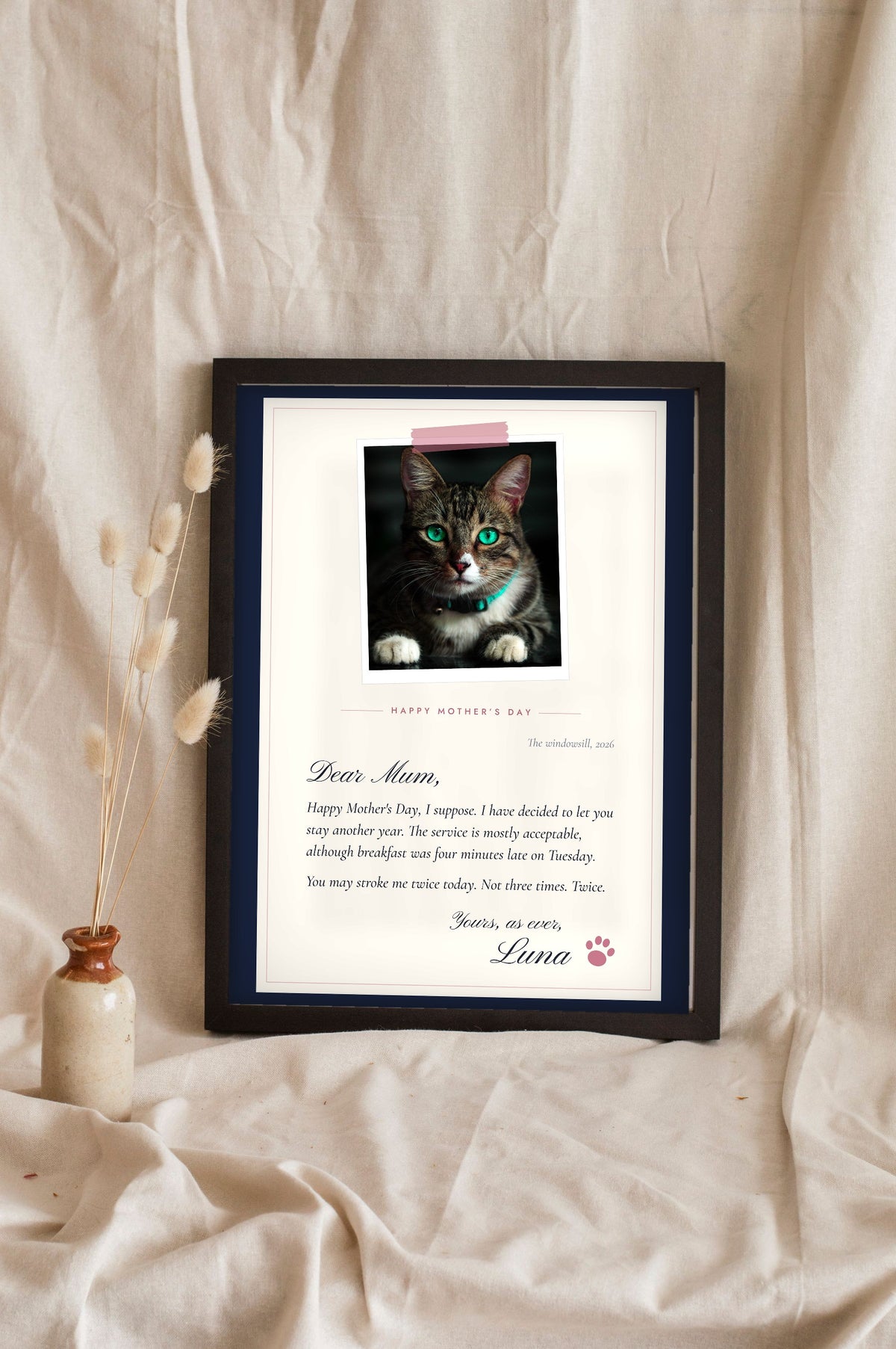 Personalised Gift From the Cat Letter Print - leaning in a frame