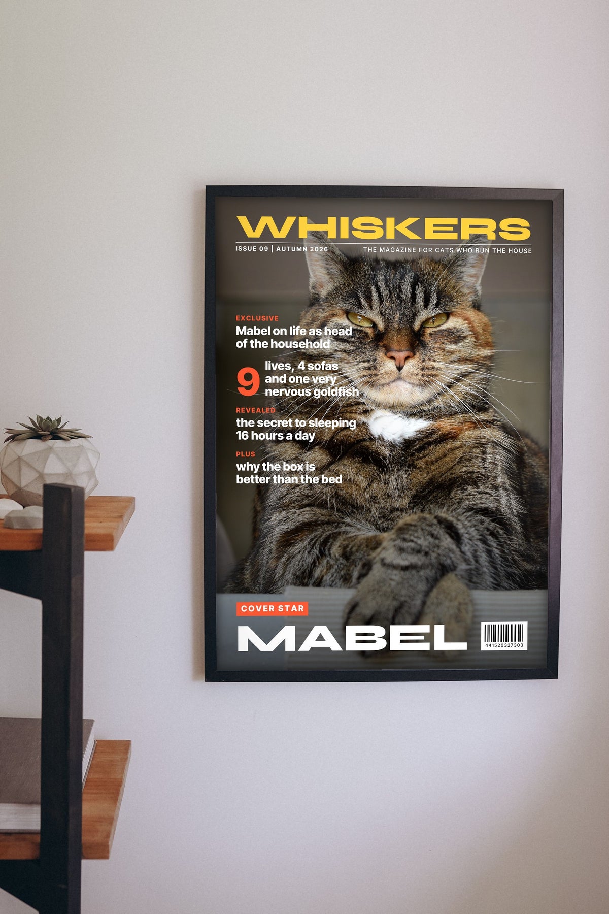 Personalised Cat Magazine Cover Print - hanging on a living room wall