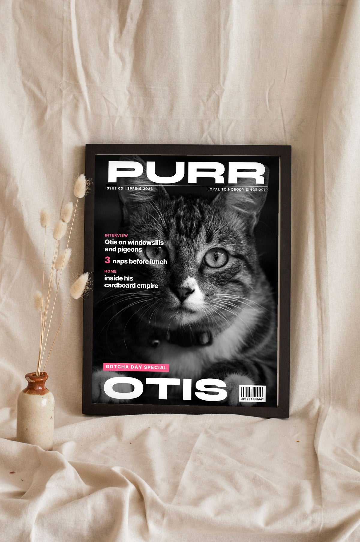 Personalised Cat Magazine Cover Print - leaning in a frame