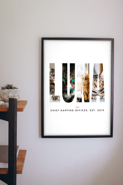 Personalised Cat Name Photo Letters Print - hanging on a living room wall