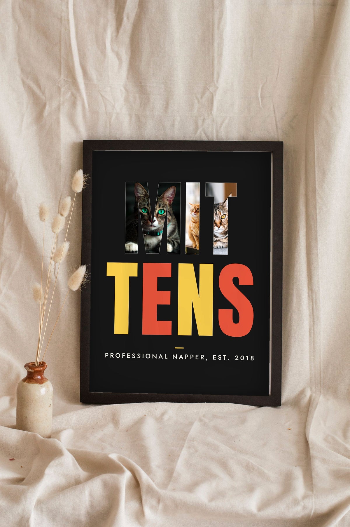 Personalised Cat Name Photo Letters Print - leaning in a frame