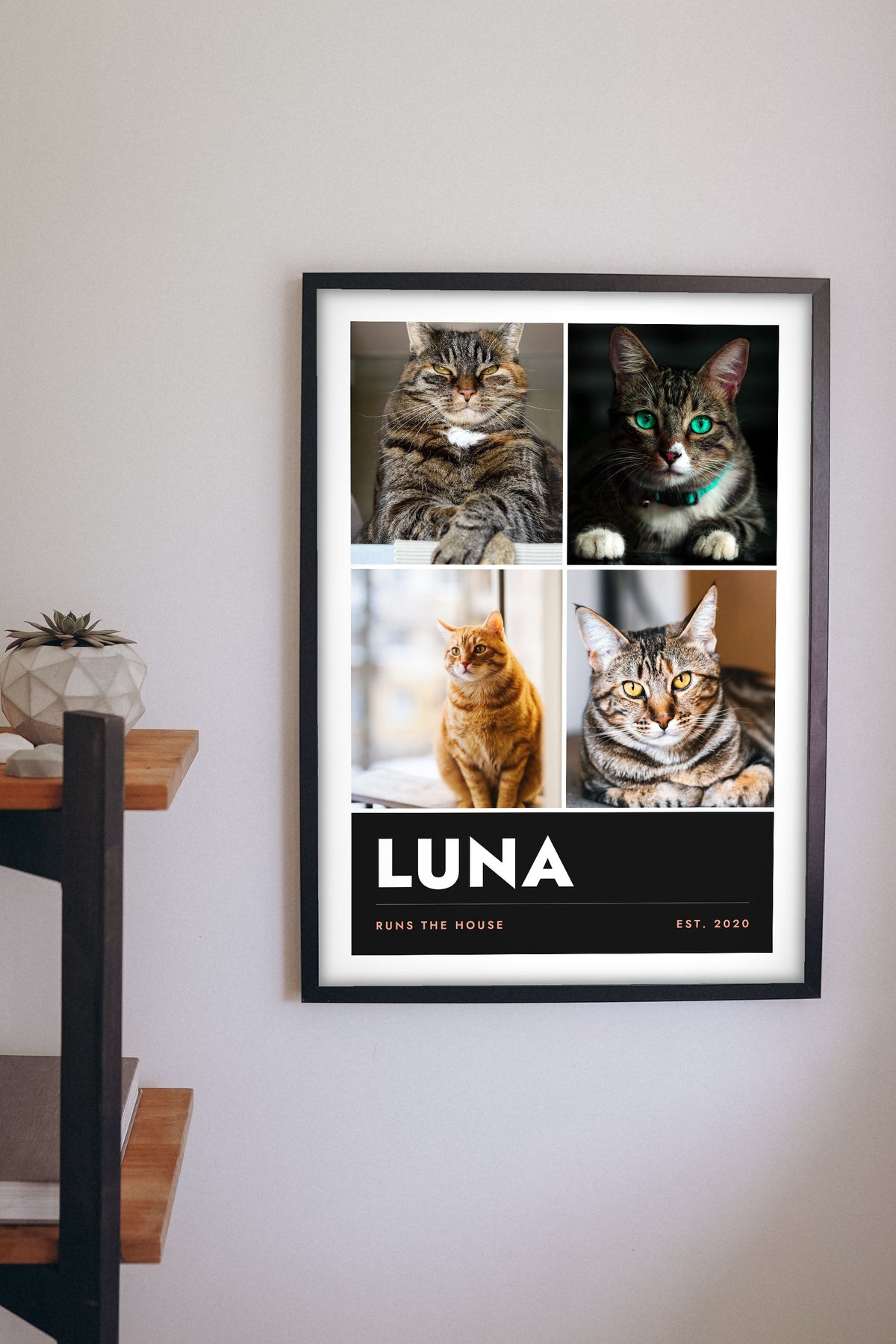 Personalised Cat Photo Collage Print with Name - hanging on a living room wall