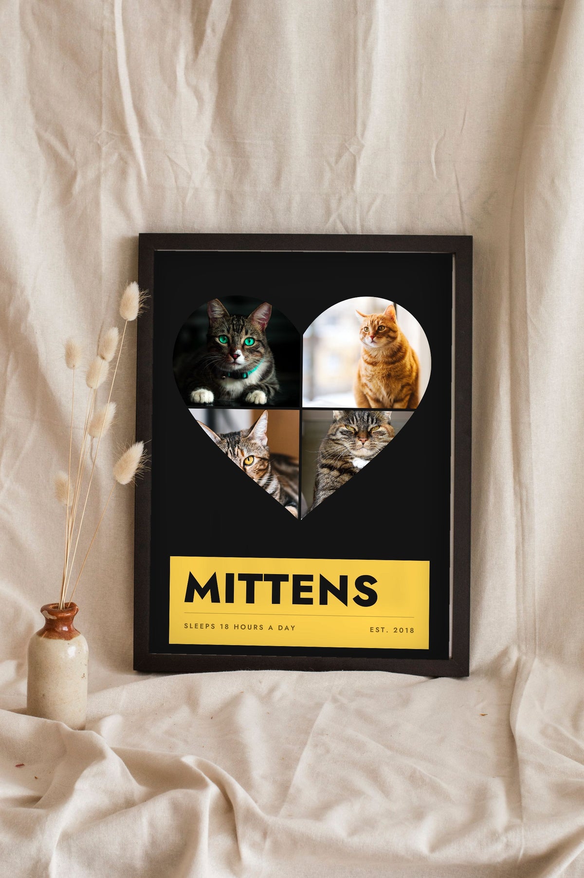 Personalised Cat Photo Collage Print with Name - leaning in a frame