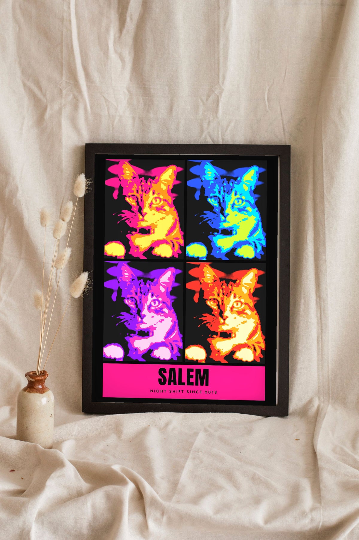 Personalised Cat Pop Art Print - leaning in a frame