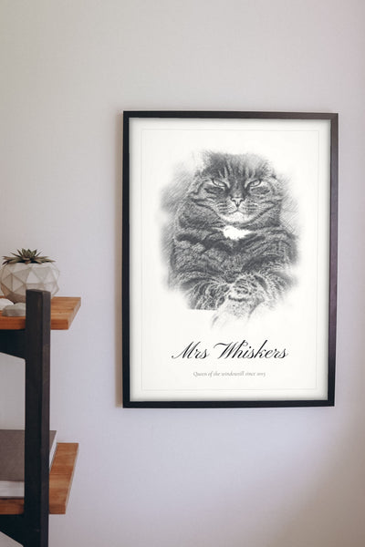 Personalised Cat Sketch Portrait Print - hanging on a living room wall