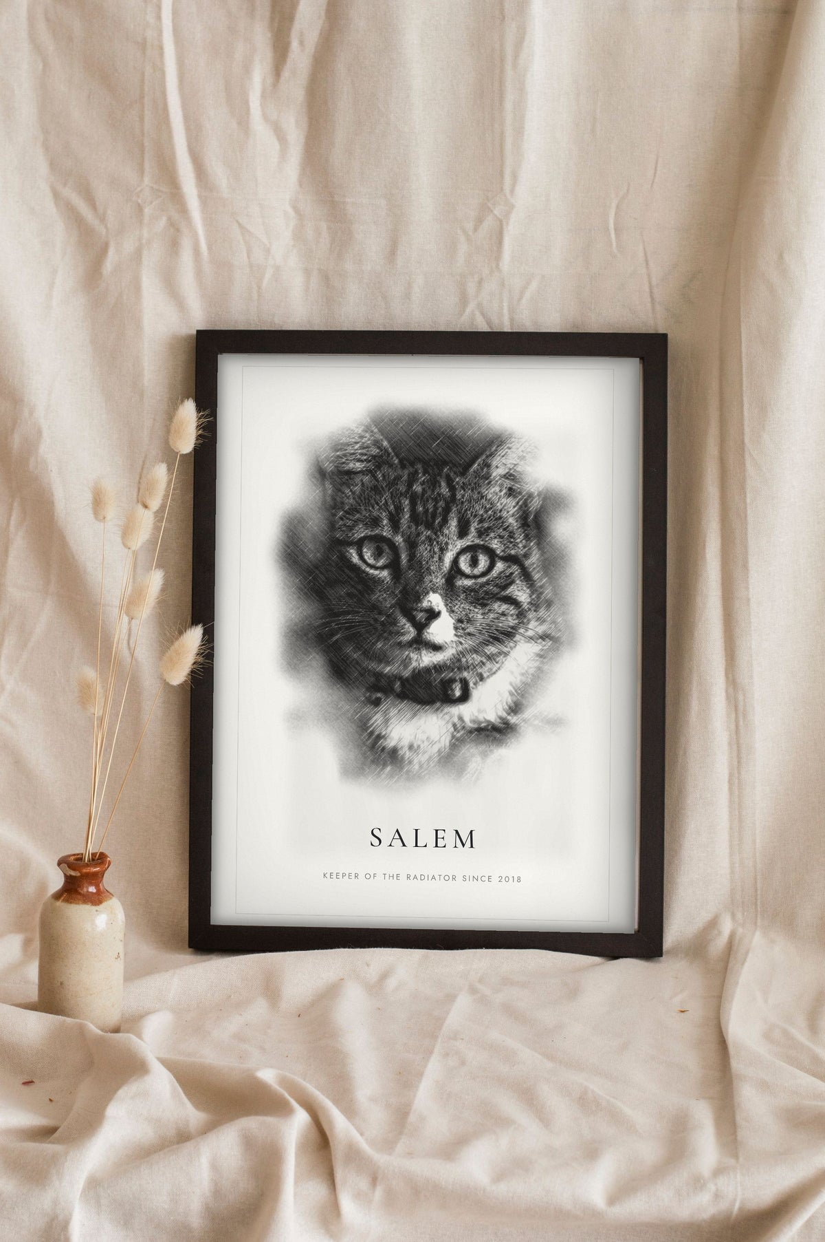 Personalised Cat Sketch Portrait Print - leaning in a frame