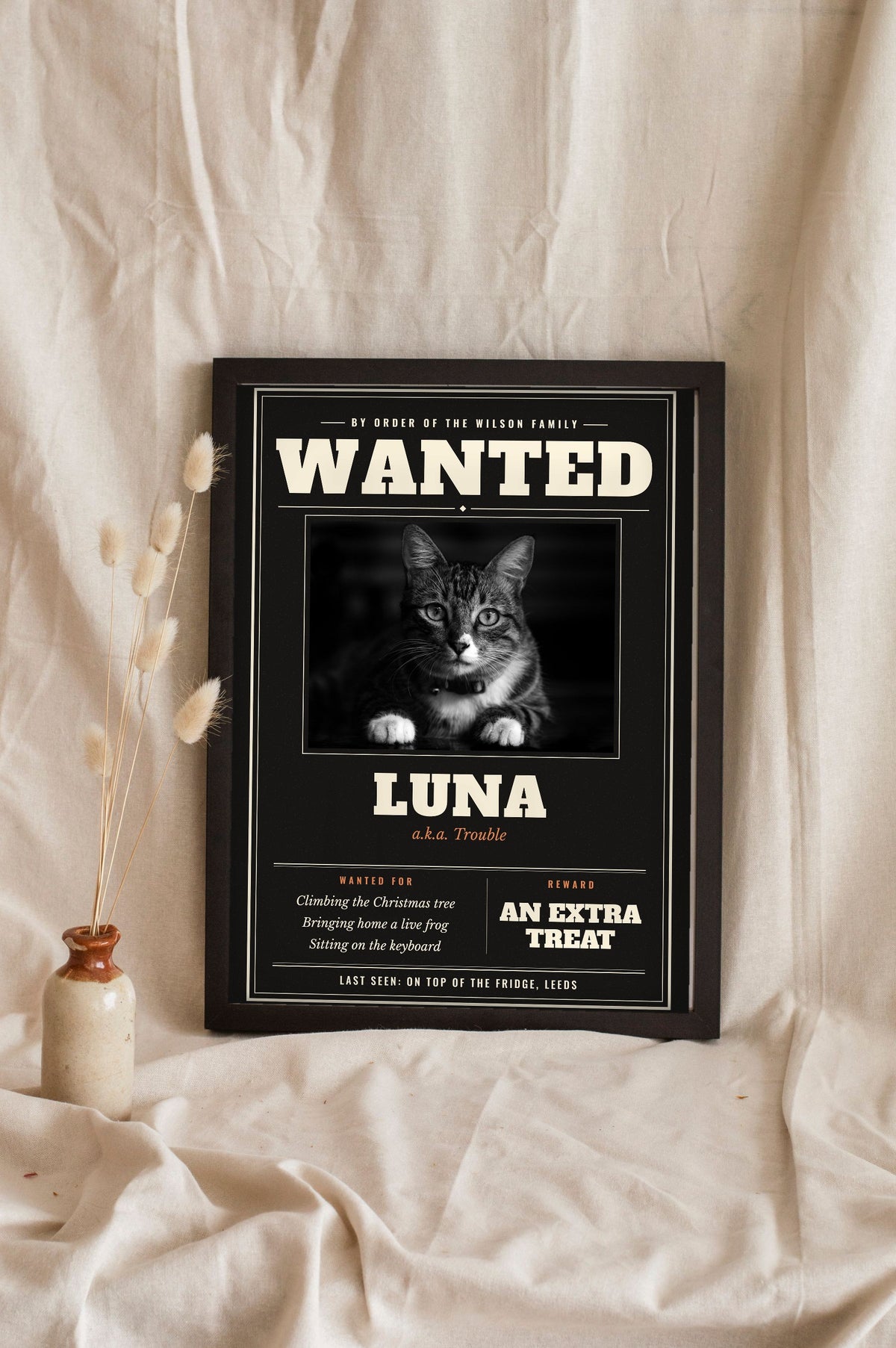 Personalised Cat Wanted Poster Print - leaning in a frame