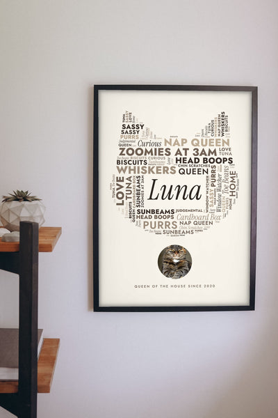 Personalised Cat Word Art Print - hanging on a living room wall