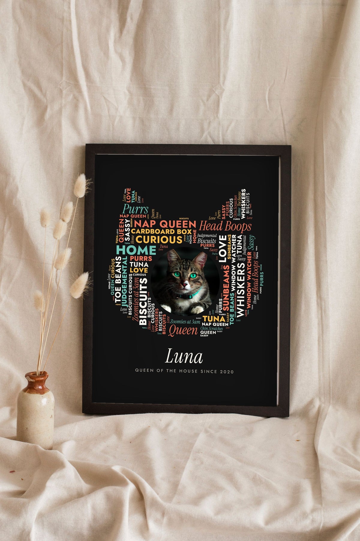 Personalised Cat Word Art Print - leaning in a frame