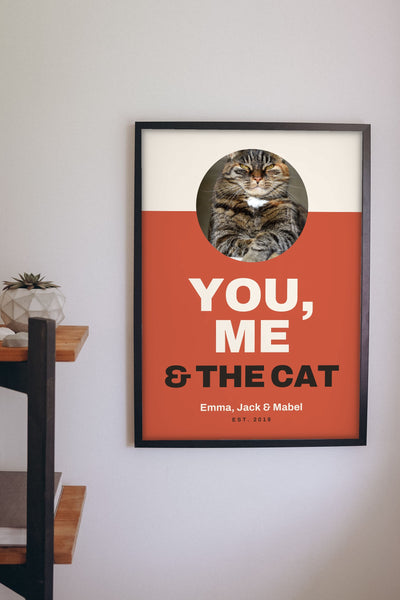 Personalised You, Me & the Cat Print - hanging on a living room wall