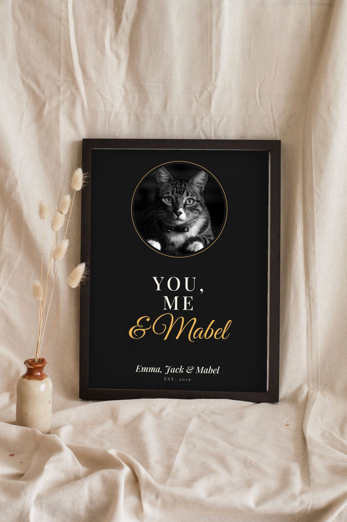 Personalised You, Me & the Cat Print - leaning in a frame