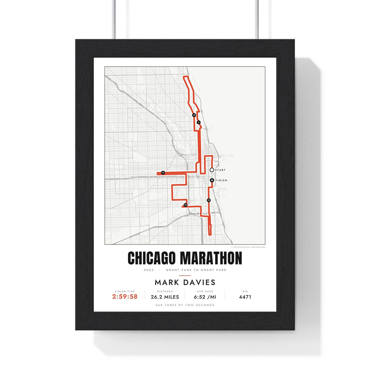 Personalised Chicago Marathon Print - framed street map Chicago Marathon route print with name and finish time