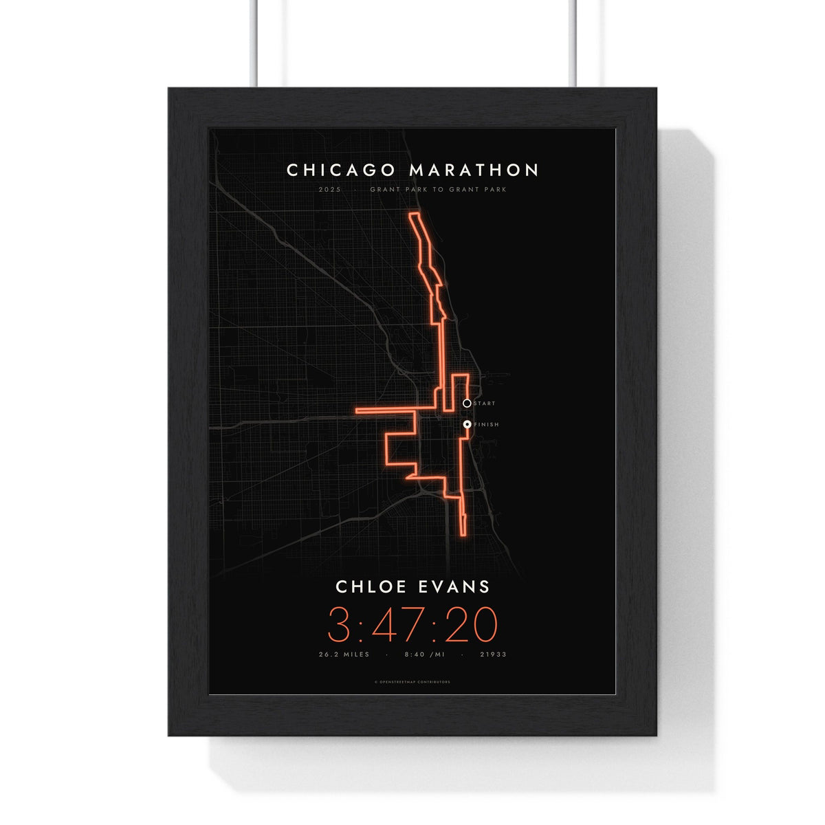 Personalised Chicago Marathon Print - framed night style Chicago Marathon route print