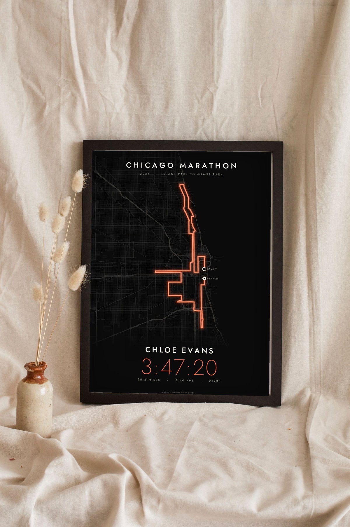 Personalised Chicago Marathon Print - night style Chicago Marathon print, the course glowing on a dark ground