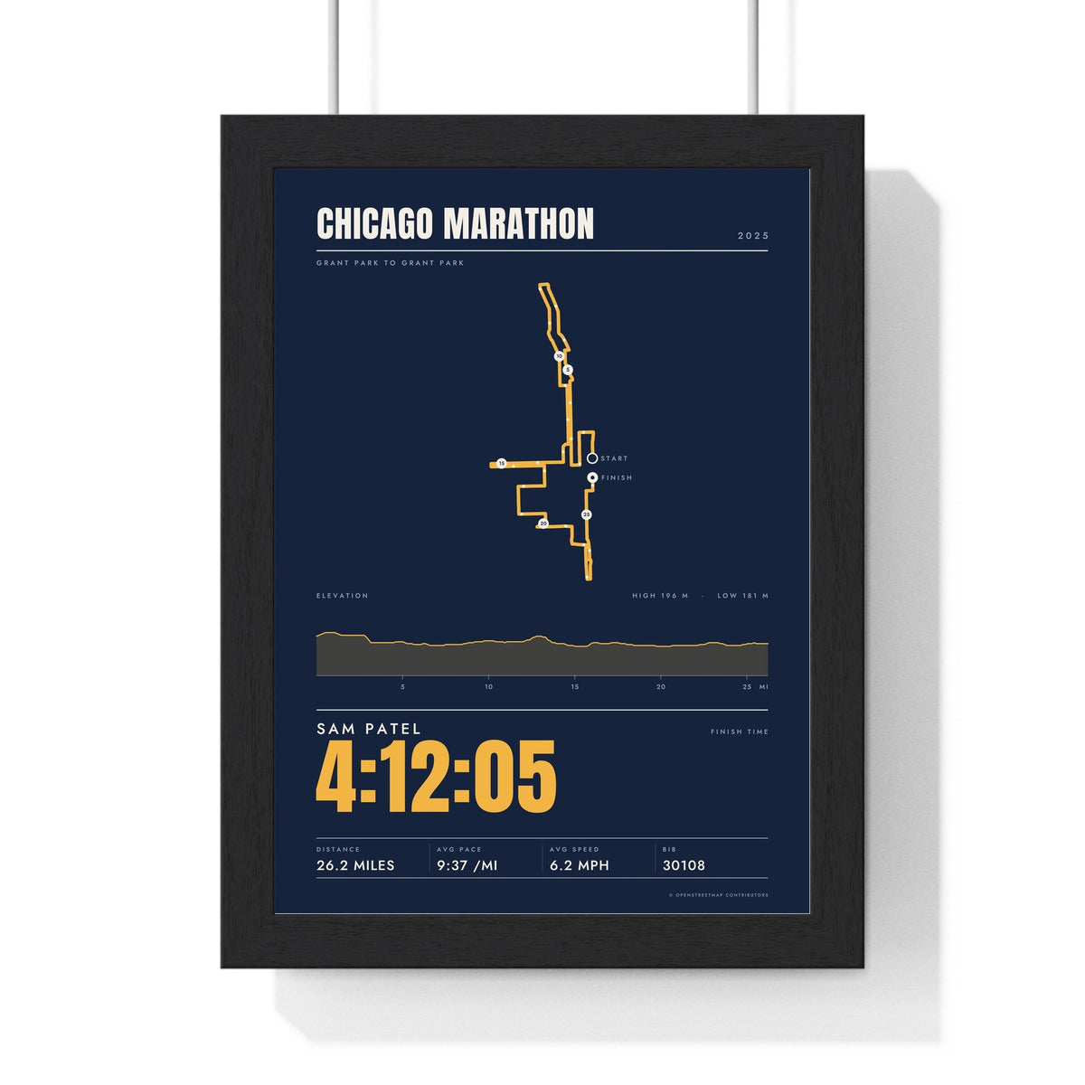 Personalised Chicago Marathon Print - framed stats style Chicago Marathon print with elevation profile