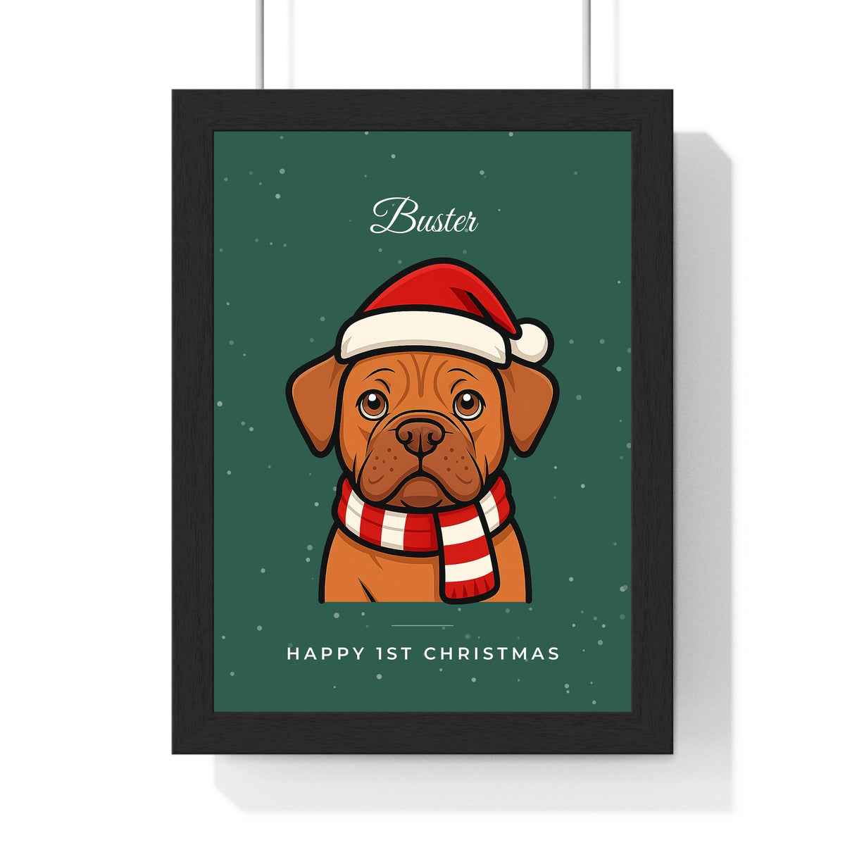 Framed personalised Christmas dog portrait print - cartoon dog in a Santa hat and scarf on green, named Buster