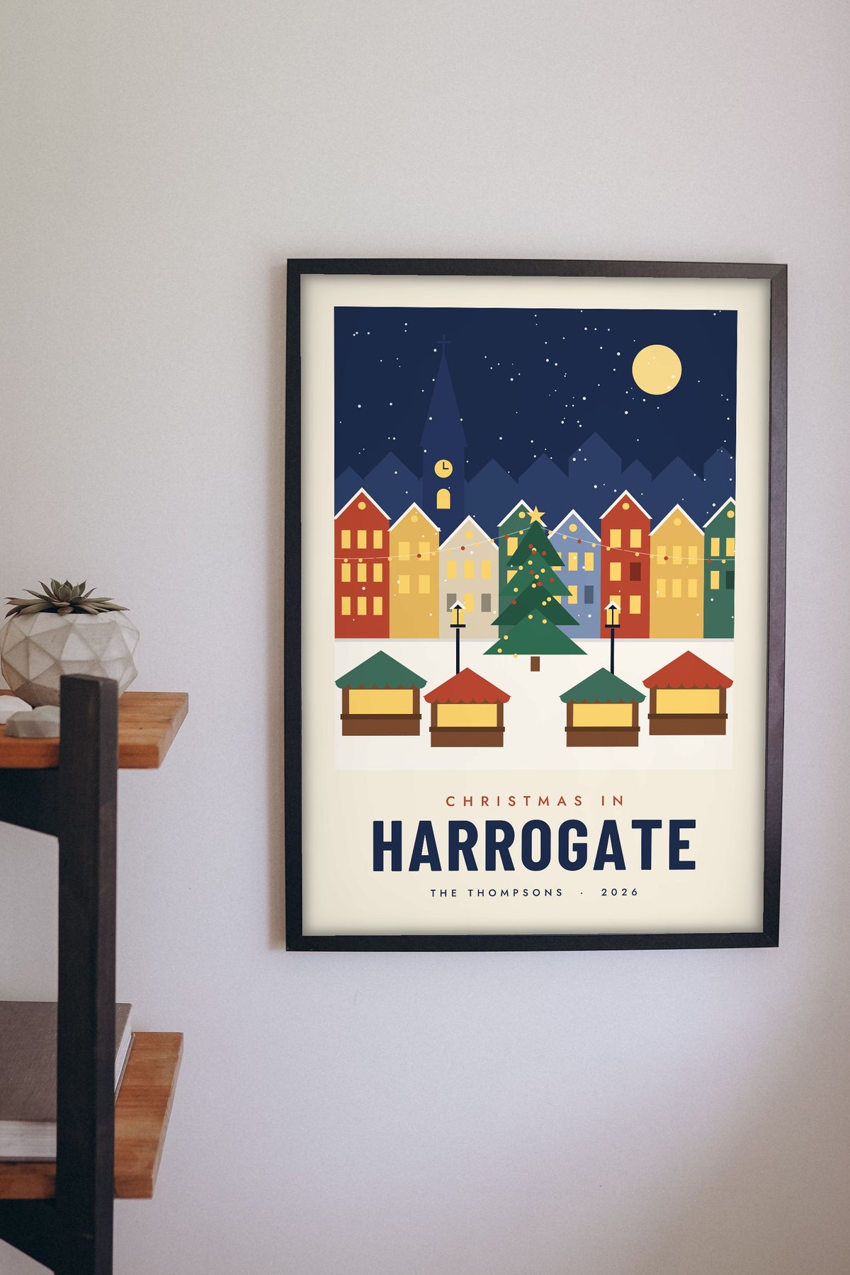 Personalised Christmas Market Town Print - Christmas market town print on a living room wall