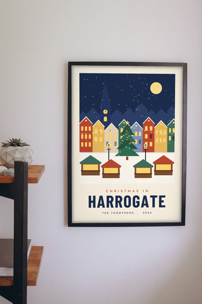 Personalised Christmas Market Town Print - Christmas market town print on a living room wall
