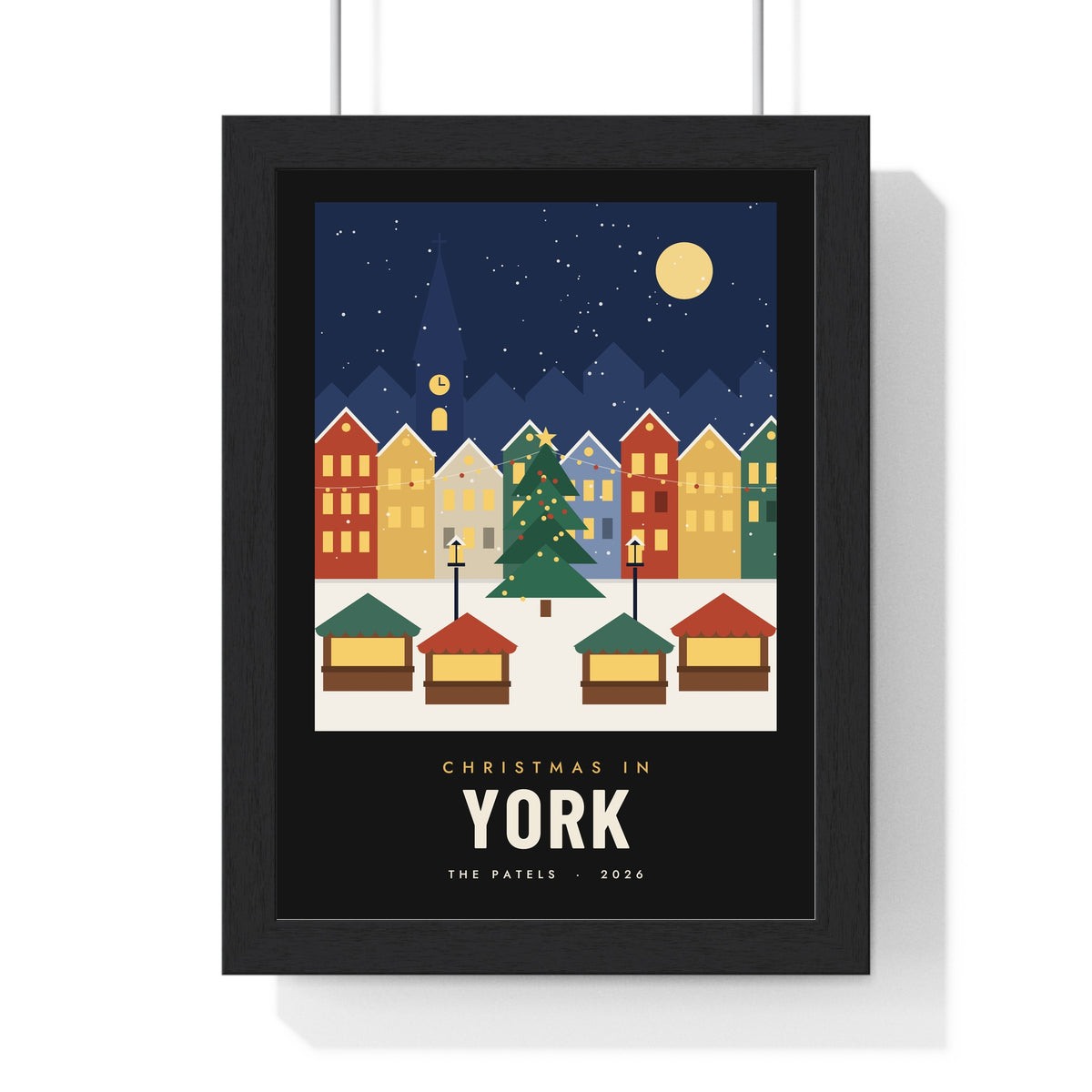 Personalised Christmas Market Town Print - framed black border York version