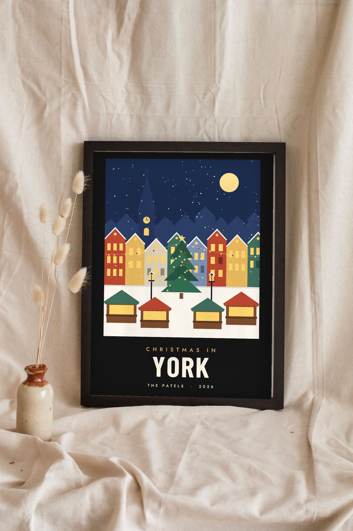 Personalised Christmas Market Town Print - Christmas in York with black border