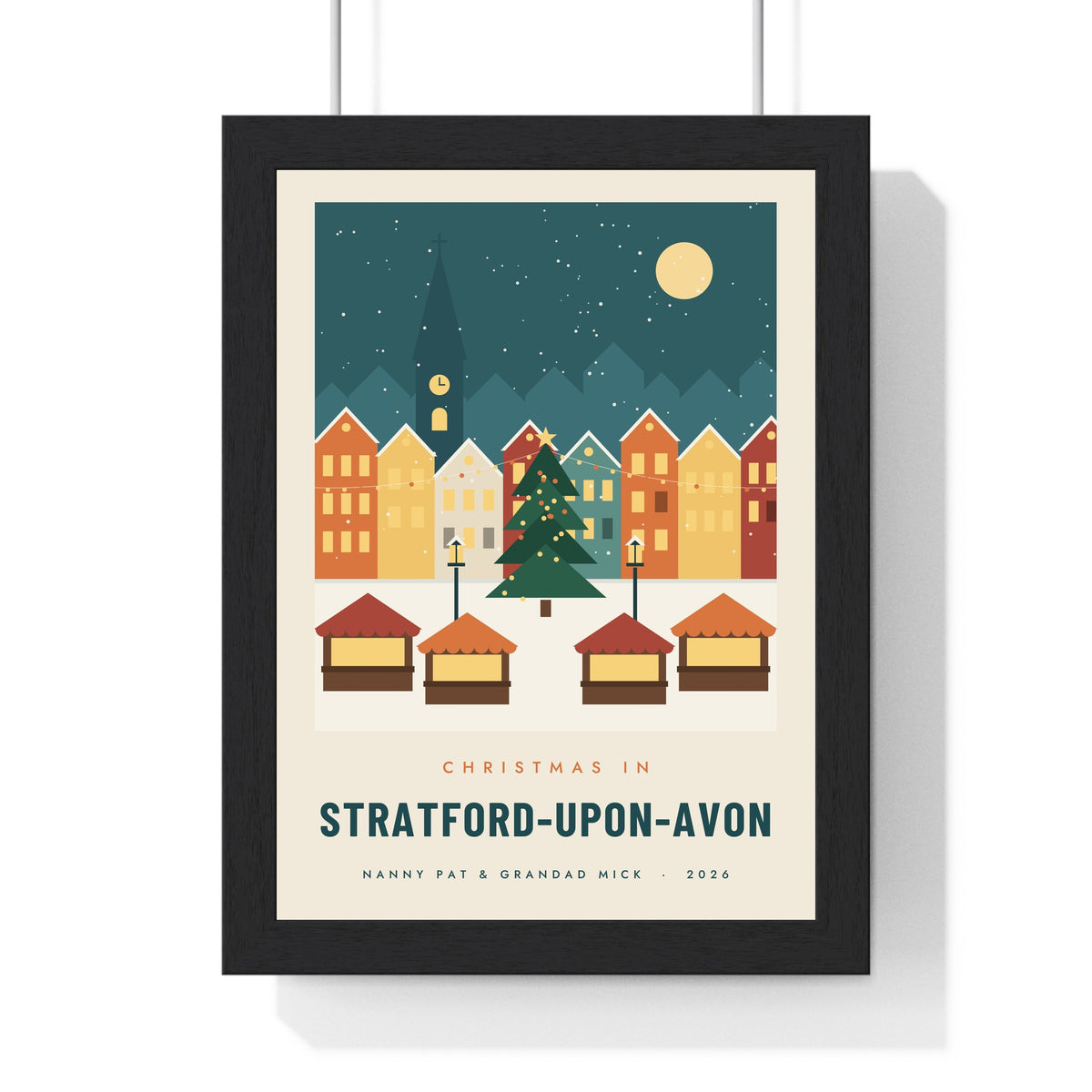 Personalised Christmas Market Town Print - framed teal and orange version with a long town name