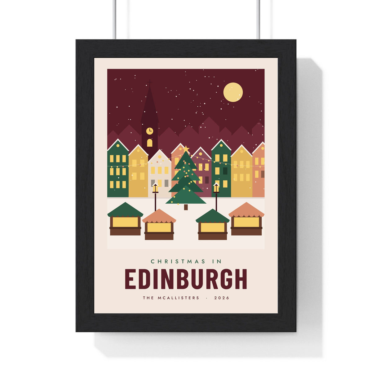 Personalised Christmas Market Town Print - framed berry and green Edinburgh version