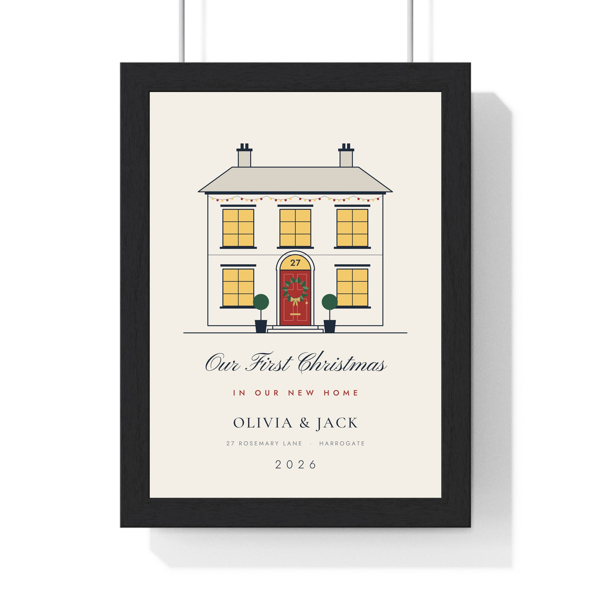 Personalised Christmas New Home Print - framed cream first Christmas in our new home print with red door