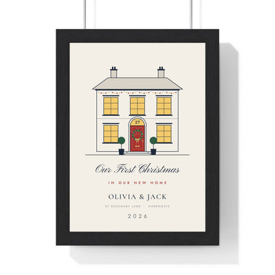Personalised Christmas New Home Print - framed cream first Christmas in our new home print with red door